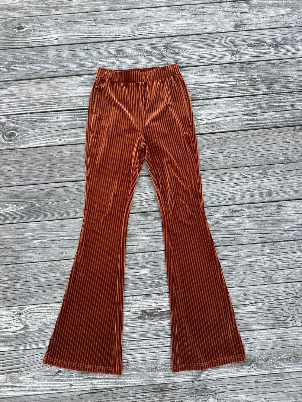 SHEIN Rust Ribbed Velvet Flared Stretch Pants